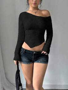 Flirla Áo len nữ tay dài cổ lệch dáng ôm gợi cảm, áo tay dài, áo chui đầu mùa thu đông - màu đen - Xem 3