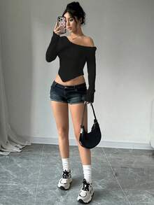 Flirla Áo len nữ tay dài cổ lệch dáng ôm gợi cảm, áo tay dài, áo chui đầu mùa thu đông - màu đen - Xem 5