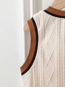 Souflis 4-7岁男童复古法式3件套：撞色针织提花背心+灯芯绒裤子+白衬衫，街头风/生日派对，秋冬 - 棕色 - 查看 4