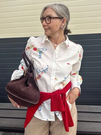 Vivie Lora 女式花卉印花泡泡袖度假衬衫长袖上衣