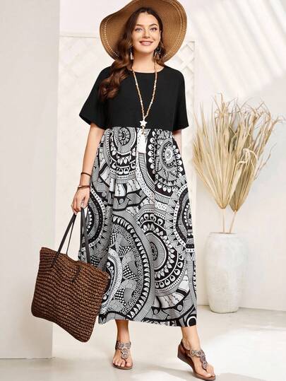 EMERY ROSE 大尺碼女士夏季印花拼接連衣裙