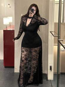 Vibekara Plus Size Women's V-Neck Long Sleeve Lace Patchwork Hollow Out Mermaid Elegant Vintage Cute Sexy Slim Maxi Dress Black Lace Dress Wedding Guest - Black - View 4
