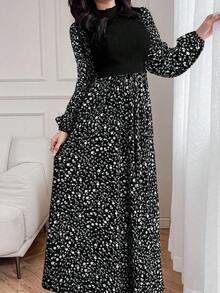 Modelyn Robe arabe élégante pour femmes avec col montant, manches lanternes et patchwork à motif floral - Noir - Voir 4