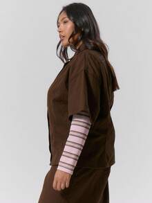 MUSERA قميص جينز بأكمام قصيرة وتفاصيل لوحة الخياطة مع إغلاق بأزرار، مناسب للشتاء والعودة إلى المدرسة والمظهر الجميل والاستخدام اليومي والكاجوال، مقاس كبير - بني - مشاهدة 3