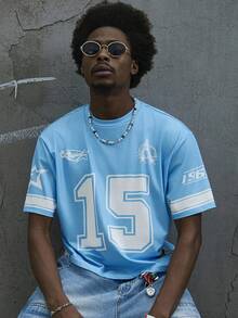 Manfinity Campus Court 男士街头数字印花短袖休闲宽松短款T恤 - 淺藍色 - 查看 11