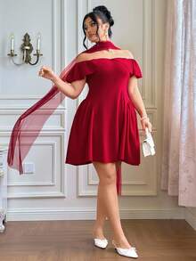 Roveilla Váy ngắn hở vai lãng mạn thanh lịch cỡ lớn dành cho nữ có dây thắt lưng, váy Giáng sinh ngắn xếp nếp, váy ôm eo, váy đỏ gợi cảm, váy sinh nhật, váy lãng mạn, váy dự tiệc - Đỏ - Xem 5