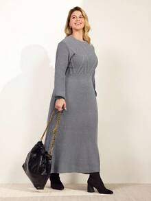Momelise 全新女式法式圆领束腰优雅麻花针织长袖连衣裙 - 灰色 - 查看 5