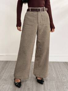 SHEIN PETITE 千鸟格加厚西装裤带前袋 商务休闲女装 卡其色女裤 职业装 女正装裤 制服裤 阔腿女裤 格子裤 格纹阔腿裤 阔腿裤 格纹裤 格子阔腿裤 秋冬女装 - 卡其色 - 查看 4