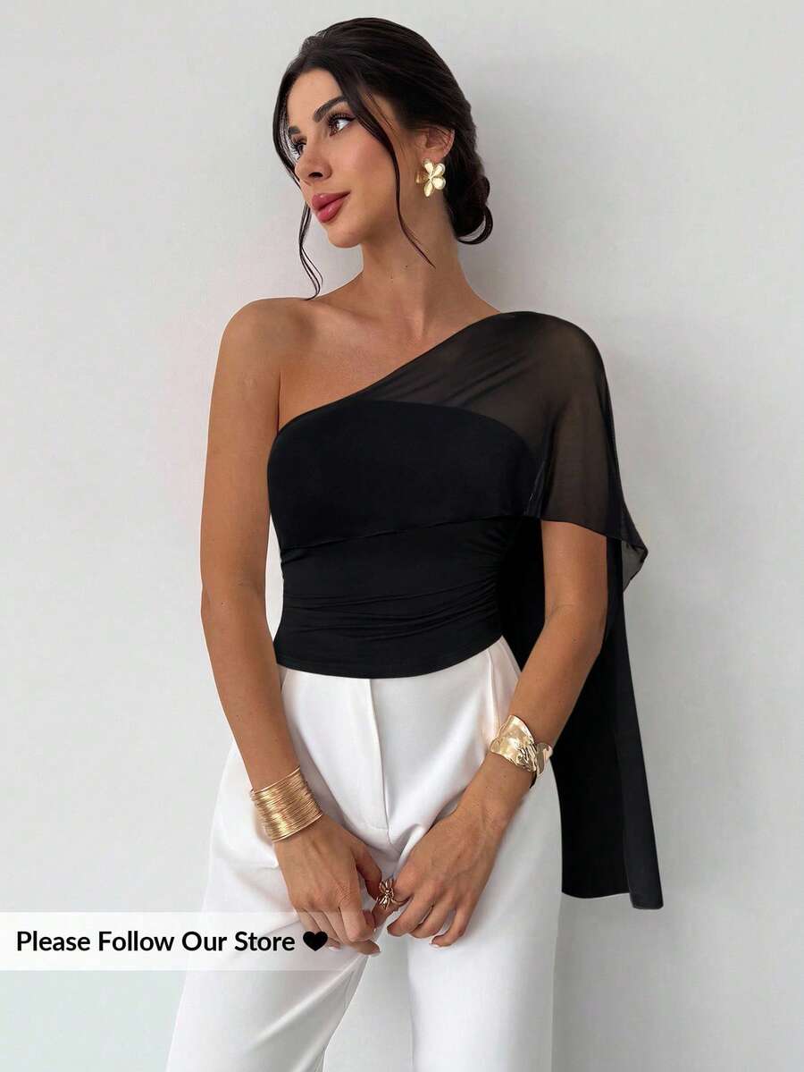 Firerie Women's Elegant Casual Vacation Daily Fashion Versatile White Asymmetric Neck Mesh Patchwork Asymmetrical Tie Fitted Blouse, Summer,Black Tops