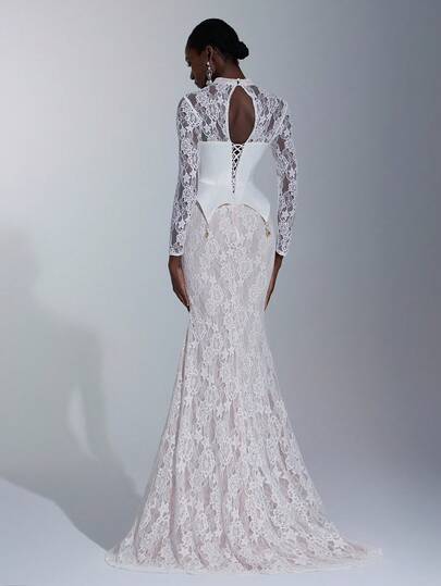 Elitara 优雅的南法风格天鹅绒刺绣蕾丝拼接缎面长袖曲线腰线鱼尾连衣裙，适合婚礼、庆典活动、红毯、户外森林海滩等场合，是一款百搭的新娘礼服、正式礼服、派对礼服。