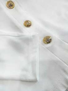 Franclia 女式纯色撞色蕾丝翻领长袖单排扣时尚T恤 - 白色 - 查看 3