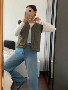 Siren Gaze Veste sans manches décontractée à col ouvert de couleur unie pour femmes, hiver - Militaire verte - Voir 6