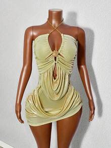 Mistrie 性感纯色露背挂脖迷你连衣裙，夏季 - 金色 - 查看 4