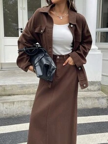 DAZY 女士秋季翻领宽松上衣和宽松牛仔裙两件套 - 咖啡棕 - 查看 3