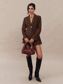 Modelyn Women's Solid Color Lapel NeckLong Sleeve Metal Decor Casual Office Blazer Jacket, Autumn - Brown - View 7