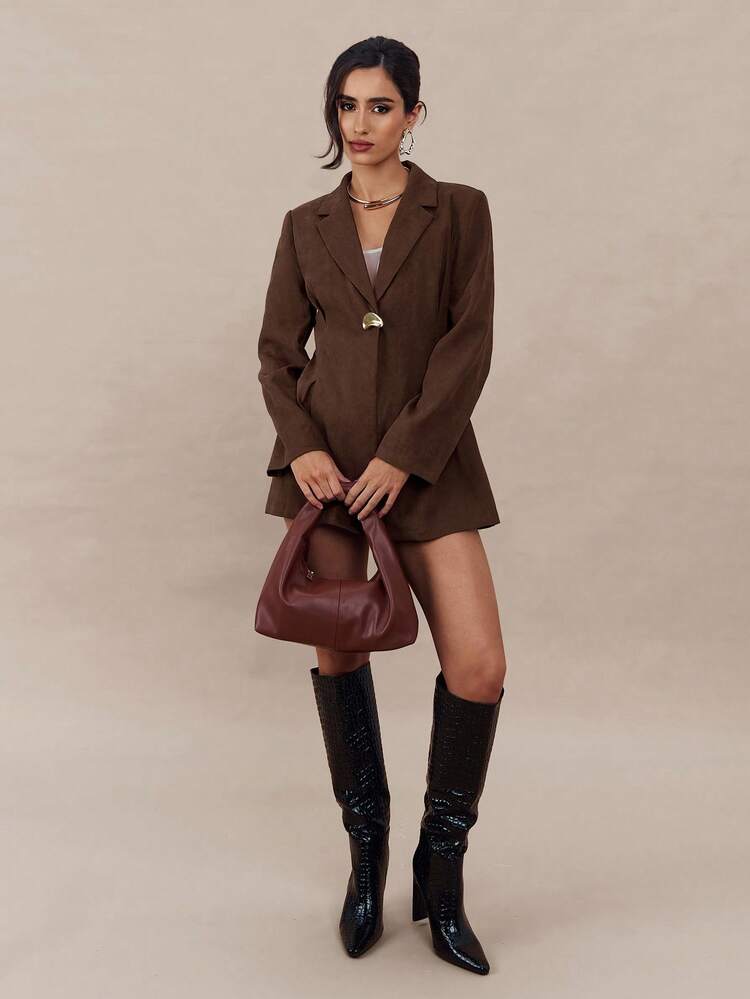 Modelyn 女式纯色翻领长袖金属装饰休闲办公室西装外套，秋季 - 棕色 - 查看 7