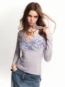 Bloopia Bloopia Ligero Ciberpunk Casual Versátil Reducción de Personalización Otoño/Invierno Halloween Nuevo Estilo Remache Patchwork CHOKER Impresión Digital de Espinas Oscuras Ajuste Ceñido Cuello en V Manga Larga Suéter de Punto