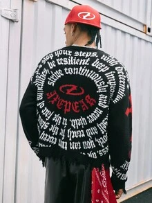 AXEPEAK Men's Casual Crew Neck Drop Shoulder Letter & Cross Graphic Sweater, Autumn/Winter - Multicolor - View 2