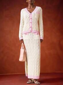 Zivah Conjunto de cárdigan con ribete de punto de cable y falda maxi con ribete rosa en contraste para otoño/invierno
