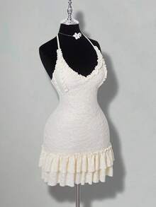 SHEIN ICON 针织提花层叠荷叶边吊带裙与长袖披肩套装 - 杏色 - 查看 6