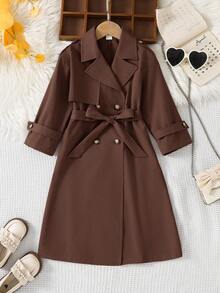 SHEIN Young Girl Woven Double-Breasted Lapel Loose Long Frenchy Windbreaker, Parka Jacket, Trench Coat,Casual Military Style, Suitable For Commuting And Outdoor Wear,Suitable For Commuting And Outdoor Wear,Spring/Summer/Autumn/Winter,Y2k Outfits For Girls Girls Metallic Jacket Girls Y2k Outfits Y2k Jacket Silver Jacket Kids Baddie Outfits Young Girl Outfits,For Halloween.Back To School Seasom.,Mommy & Sister & Me Matching. Fall - Brown - View 5