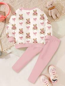 SHEIN Bộ 2 món màu trắng kem & hồng kem, áo nỉ dài tay cổ tròn in hình gấu dễ thương với nơ và quần legging, thích hợp cho mùa thu & đông, trang phục thoải mái, lớp áo mùa thu & đông cho bé gái, bé gái sành điệu, trang phục thường ngày, quần áo in hình cho bé gái, quần áo mùa thu & đông, mùa thu sang trọng, áo gấu kiểu mới cho bé gái, quần áo mùa thu và mùa đông, bộ đồ mùa đông cho bé gái, quần áo Kawaii cho trẻ em. - Nhiều màu - Xem 2