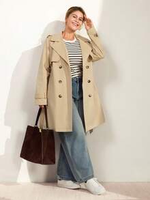 Momelise Plus Size Women's Casual Windbreaker Jacket, Spring/Autumn Solid Color Long Sleeve Lapel Double-Breasted Windbreaker, Commuting Casual Versatile Windbreaker