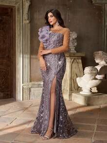 Aureia 加大码优雅奢华紫色圆领透明长袖手工串珠装饰奢华珍珠亮片拼布欧根纱美人鱼裙，适合婚礼宾客、派对、正式场合、宴会 - 淡紫色 - 查看 6