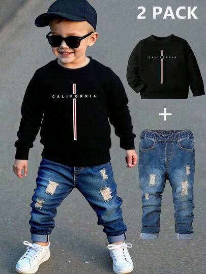 SHEIN Conjunto de ropa de 2 piezas para niños pequeños con sudadera negra de cuello redondo con gráfico de letra cruzada de California y jeans de mezclilla, conjunto de ropa de otoño