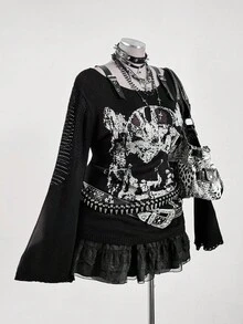 Sunspun 大码秋冬新款深色喇叭袖毛衣 - 黑色 - 查看 2