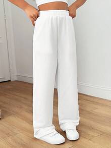 Tween Girl 纯色浅灰色休闲运动针织宽松直筒运动裤，适合日常休闲穿着白色运动裤宽松运动裤女童阔腿运动裤女童运动裤宽松运动裤 - 白色 - 查看 3