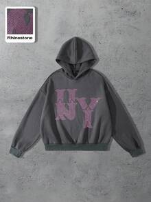 ROMWE MEN Street Life Men's Loose Fit Drop Shoulder Casual Hoodie With Rhinestone Decor, Dark Grey, Fall - Dark Grey - View 1