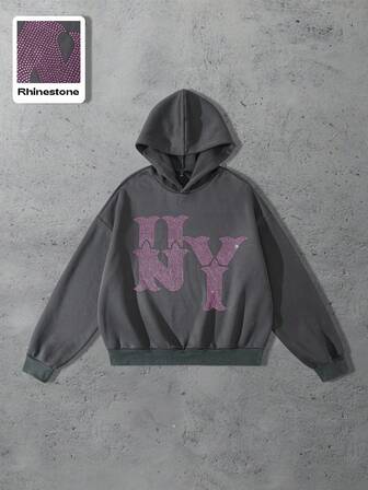 Street Life Herren Loose Fit Oversized Lässig Hoodie mit Strass Verzierung, Dunkelgrau, Herbst