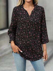 Camisa casual con cuello en pico, rayas y mangas enrolladas para el otoño - Multicolor - Ver 7