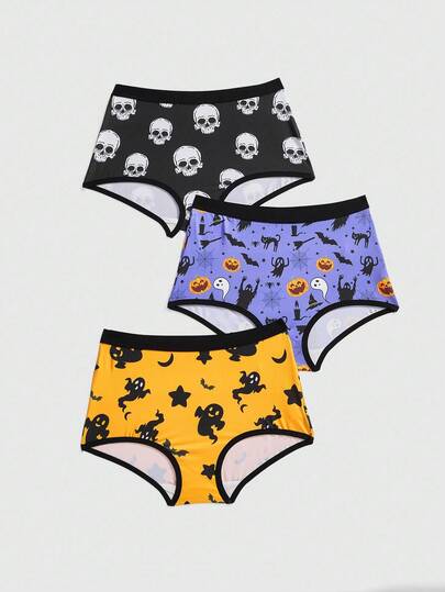 3pcs Gothic Halloween Ghost Skeleton Pumpkin Bat Print Boxer Briefs Set