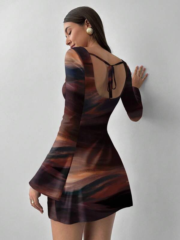 Aloruh Vestido mini con estampado de teñido anudado marrón sexy y sin espalda con tirantes, de moda para otoño/invierno para mujer