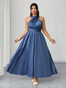 Elenzga 大码女式 A 字形 V 领露背及地缎面伴娘礼服，百搭百搭 - 霧霾藍 - 查看 5