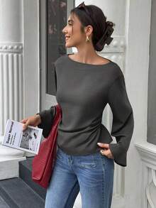 EMERY ROSE 女士休闲/办公室喇叭袖纯色衬衫 - 深灰色 - 查看 6