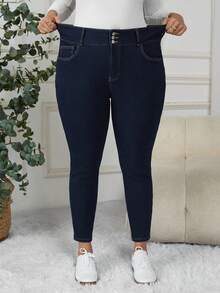 SHEIN CURVE+ 大码休闲水洗保暖内衬紧身牛仔裤 - 藍色 - 查看 7