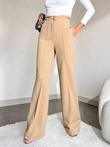 EURMUSE Ladies' Solid Color Suit Trousers With Pockets - Beige - View 3
