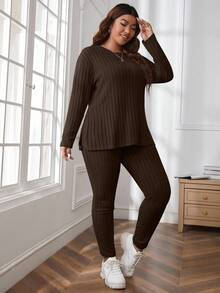 SHEIN Cottnline Plus Size Comfortable Knit Ribbed 2 Pieces Set - Brown - View 3