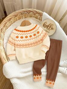 SHEIN Bộ đồ Happikins màu kem và cam họa tiết bí ngô Fair Isle dễ thương "Mùa bí ngô! Không khí mùa thu" gồm áo nỉ dài tay cổ tròn dày dặn mềm mại và quần legging cho bé gái, trang phục mùa thu, thoải mái dễ chịu, nhiều lớp áo mùa thu cho bé gái, trẻ em sành điệu, trang phục thường ngày, quần áo in hình cho bé, quần áo mùa thu, thích hợp cho ở nhà, nông trại, dã ngoại, tiệc Halloween, Lễ Tạ ơn và mùa đông. - Nhiều màu - Xem 2