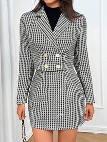SHEIN LUNE Women's Elegant 2-Piece Set: Houndstooth Print Long Sleeve Jacket And Midi Skirt, Autumn Fall Cloth For Women - Multicolor - View 5