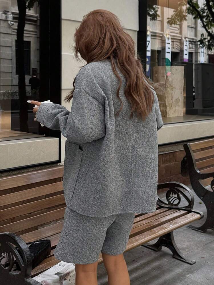 Women's Casual Lapel Loose Jacket And Shorts 2 Pieces Set, Autumn Lounge Sets For Women