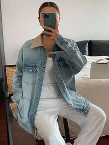 DAZY Women's Loose Casual Patchwork Denim Jacket - Blue - View 5