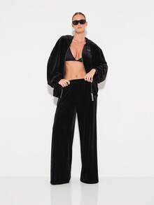 KIZN 天鹅绒阔腿裤复古 Y2K 高腰休闲裤晚装派对俱乐部喇叭裤哥特式美学秋冬假日裤 - 黑色 - 查看 5