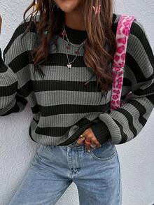 EMERY ROSE 女士休闲宽松条纹圆领落肩长袖毛衣秋冬条纹套头衫条纹毛衣长袖条纹毛衣女条纹毛衣黑灰色条纹毛衣 - 彩色 - 查看 4