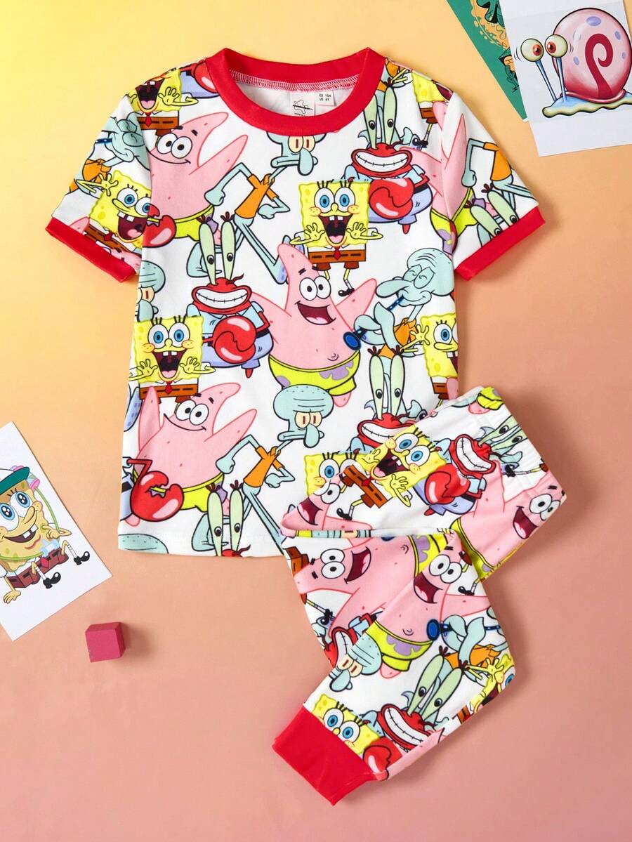 SpongeBob SquarePants | SHEIN 2 pièces/Set Top à manches courtes col rond et pantalon motif dessin animé jeune fille. Ensemble pyjama tricoté décontracté - Multicolore - Voir 1