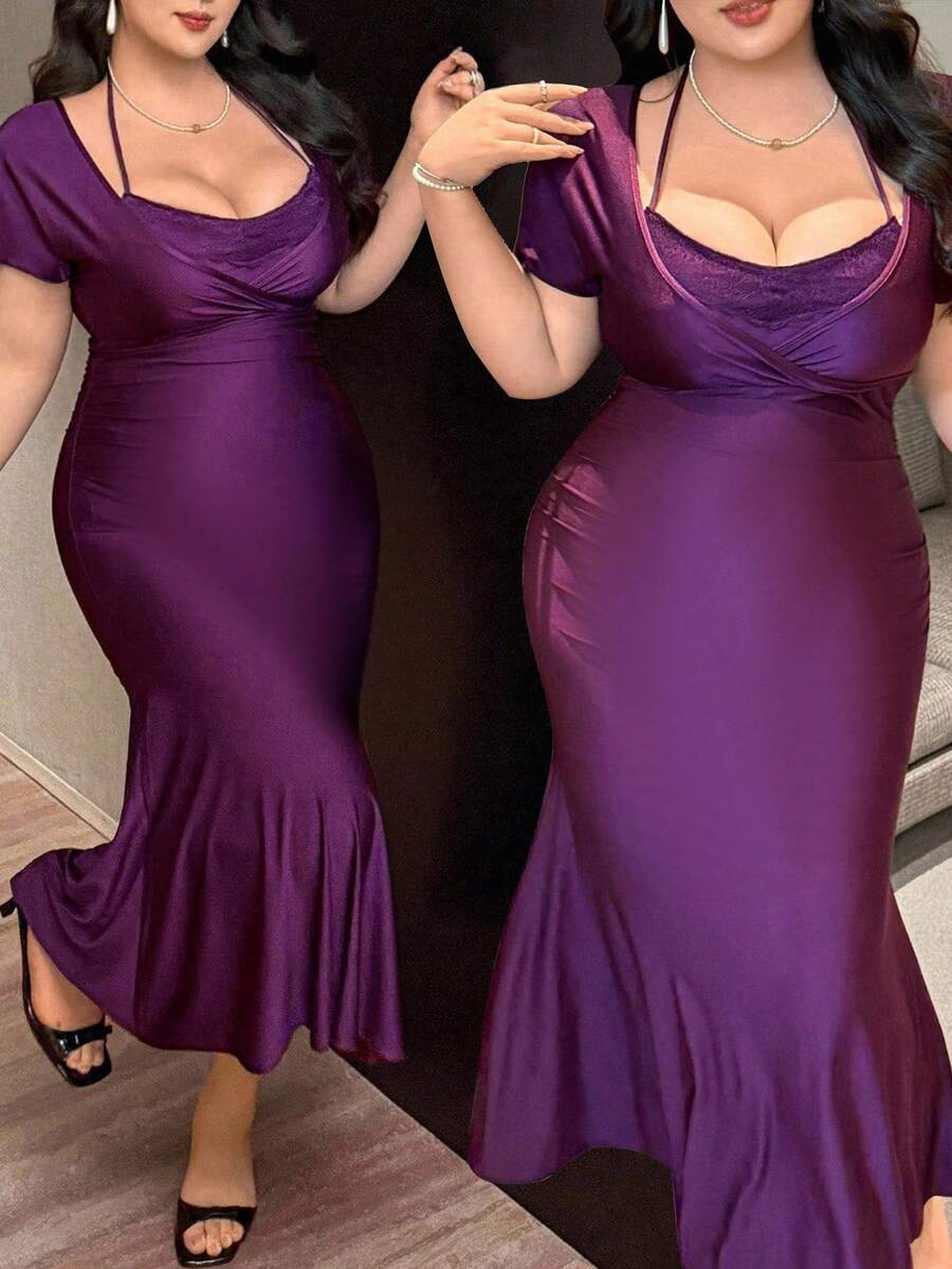 Flirla Plus Size 2 In 1 Halter Lace Short Sleeve Cinched Waist Mermaid Dress - Purple - View 1
