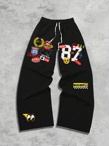 ROMWE MEN Prep Men's Casual Loose Letter Print Drawstring Waist Wide Leg Sweatpants, Autumn/Winter - Black - View 5